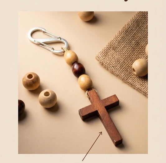 Wooden Beaded Cross Paracord Keychain |Outdoors, Faith Accessories, Durable, Stocking Stuffers