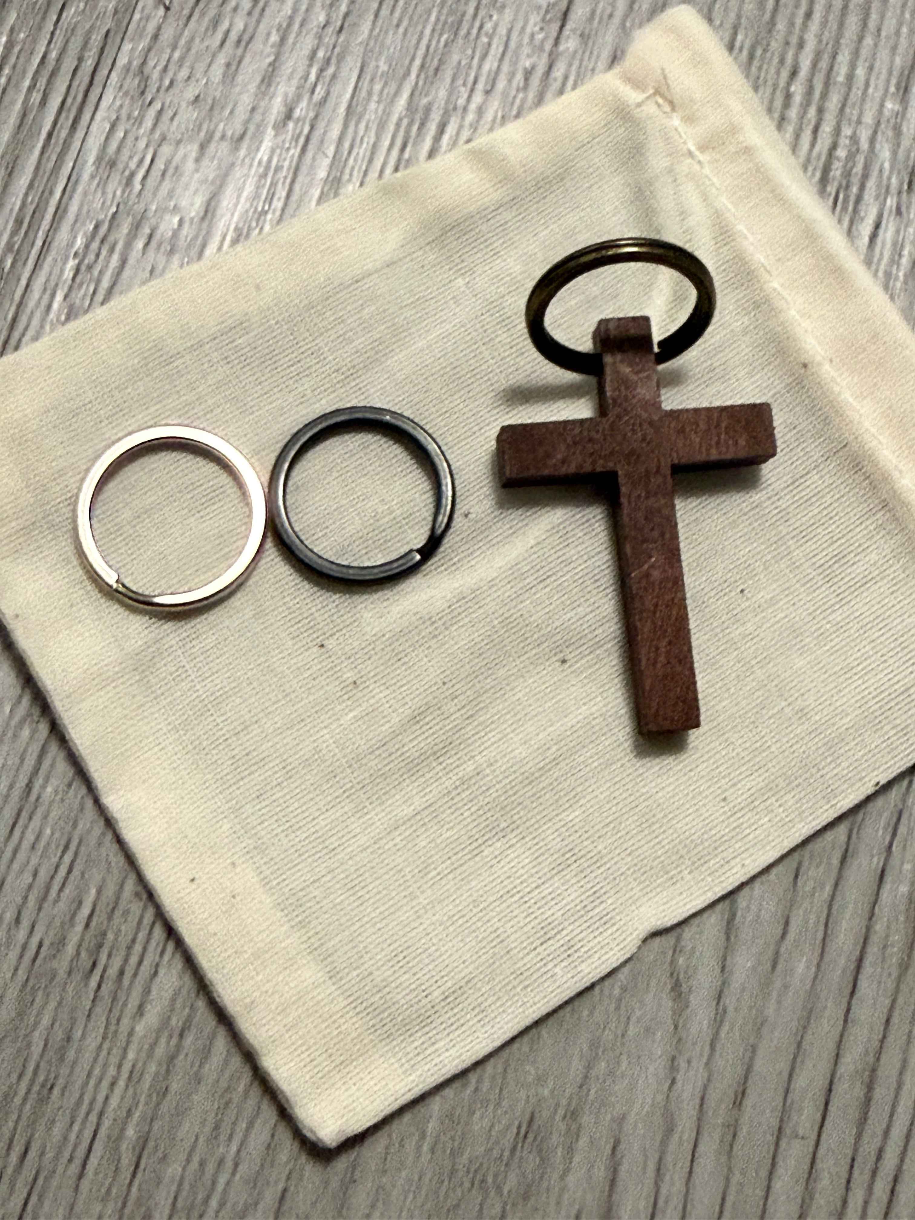 Keychain Pendant| Wooden Cross| 3 Ring Set| Silver, Bronze, Black| Cotton Bag| Gift| EDC|