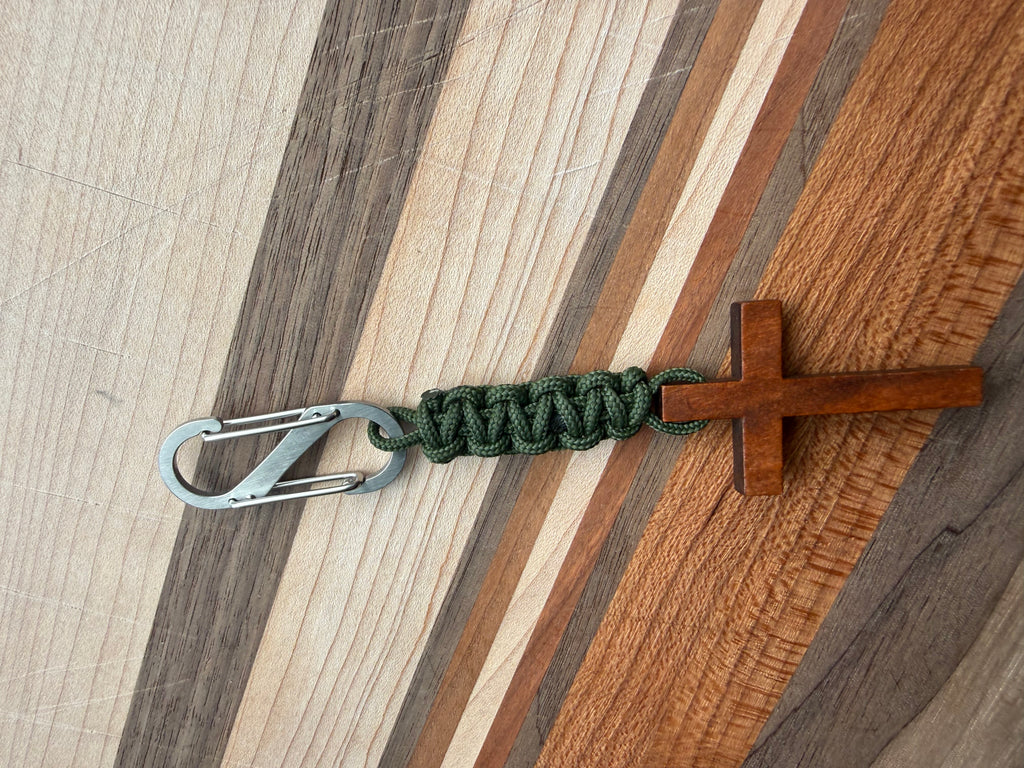 Men's Wooden Cross Short Paracord Keychain With Clip |Military, Outdoors, Faith Accessories, Stocking Stuffers