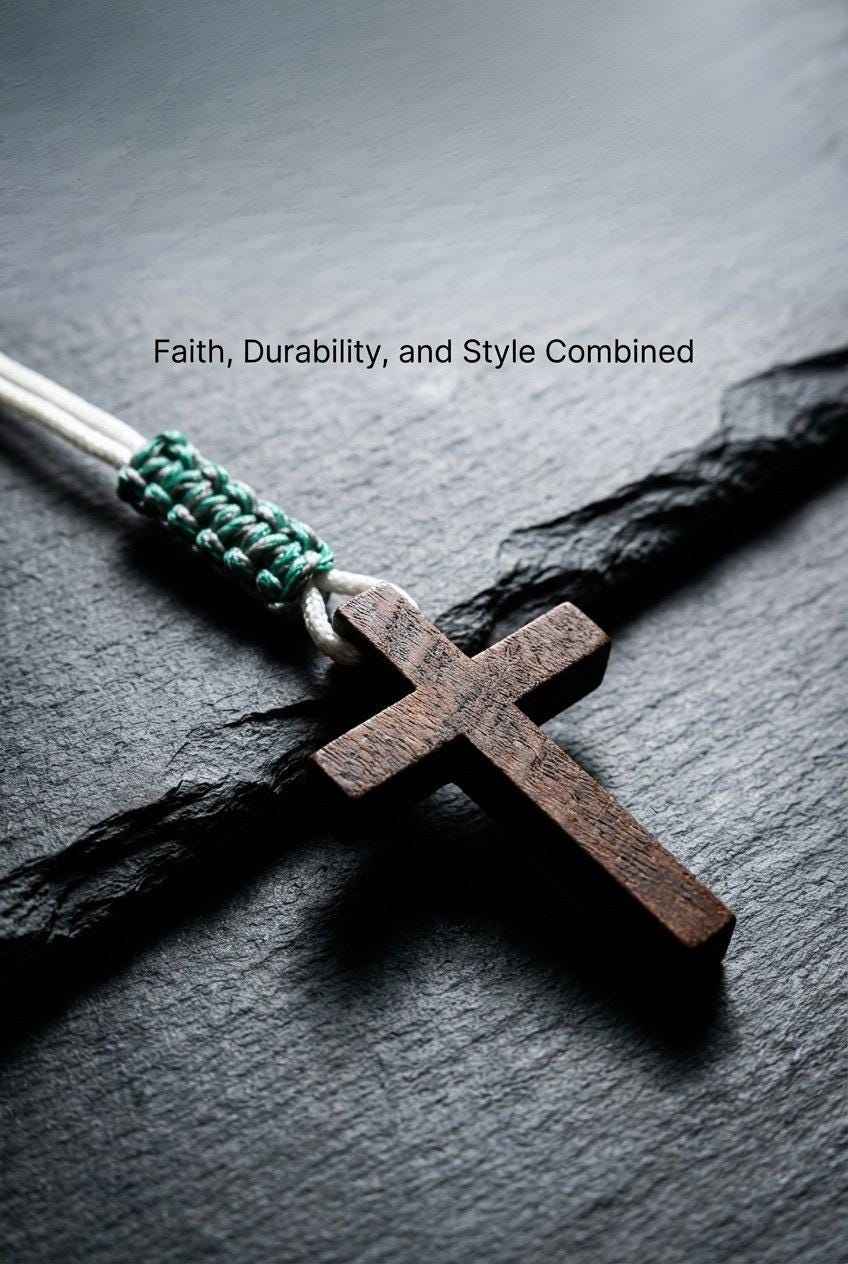 Men's Minimalist Wood Cross Necklace | Two Tone| White Paracord Adjustable Christian Jewelry