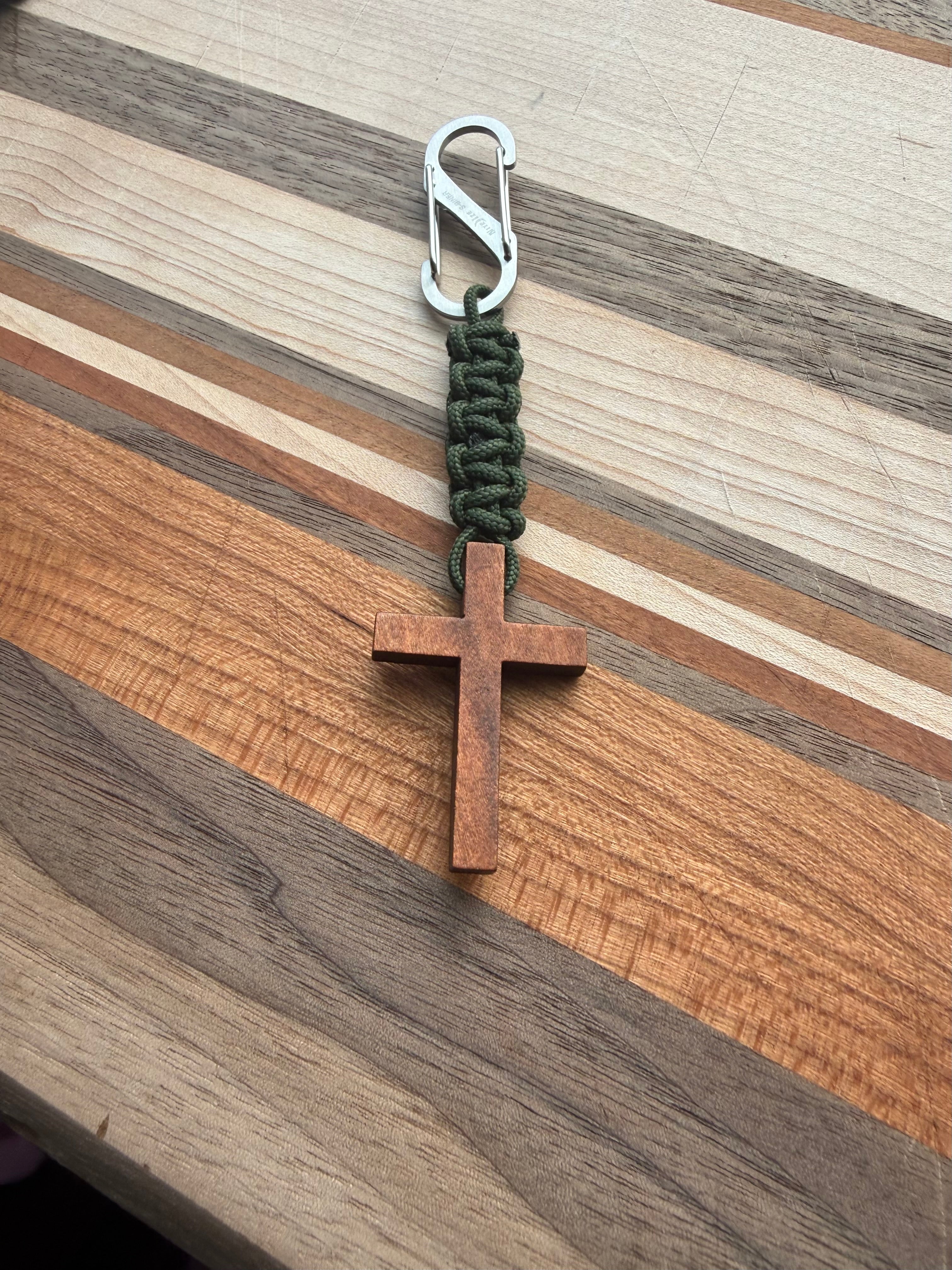 Men's Wooden Cross Short Paracord Keychain With Clip |Military, Outdoors, Faith Accessories, Stocking Stuffers