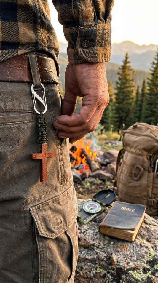 Men's Wooden Cross Short Paracord Keychain With Clip |Military, Outdoors, Faith Accessories, Stocking Stuffers