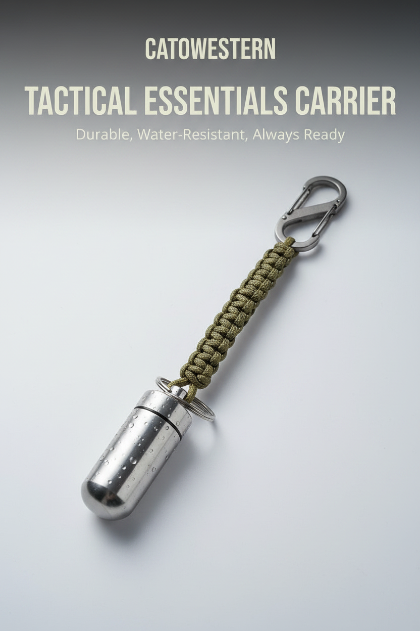 Tactical essentials carrier with paracord on a dark stone surface, featuring Catowestern branding.