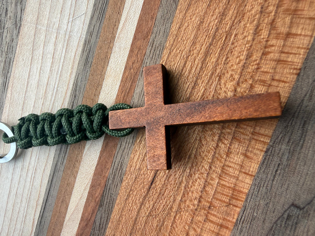 Men's Wooden Cross Short Paracord Keychain With Clip |Military, Outdoors, Faith Accessories, Stocking Stuffers