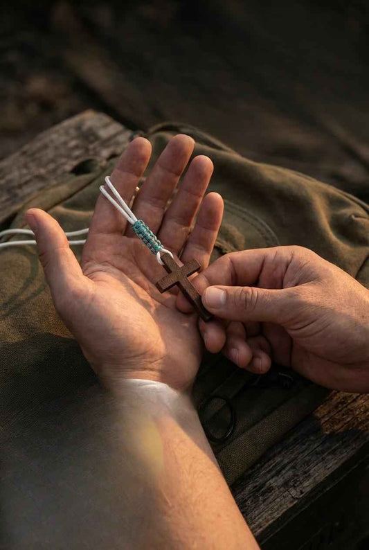Men's Minimalist Wood Cross Necklace | Two Tone| White Paracord Adjustable Christian Jewelry