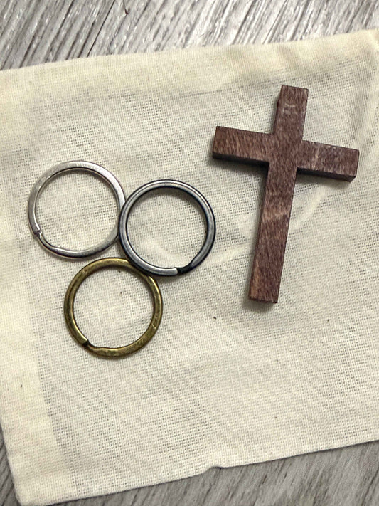 Keychain Pendant| Wooden Cross| 3 Ring Set| Silver, Bronze, Black| Cotton Bag| Gift| EDC|