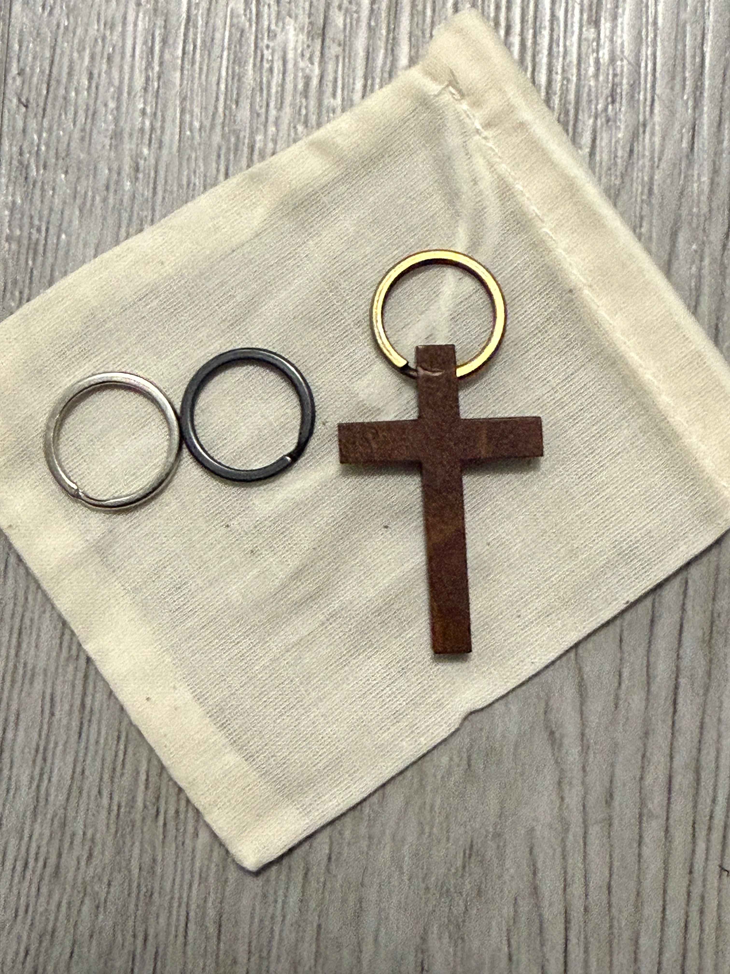 Keychain Pendant| Wooden Cross| 3 Ring Set| Silver, Bronze, Black| Cotton Bag| Gift| EDC|
