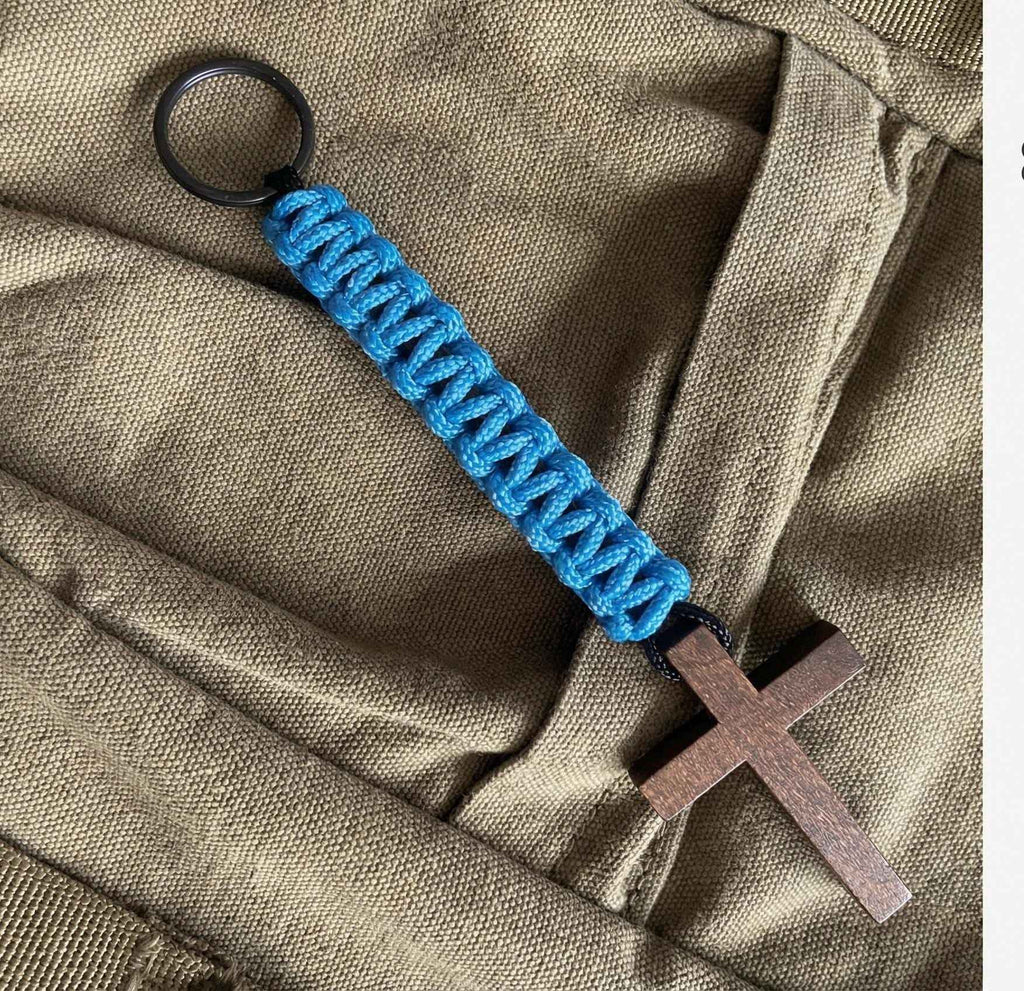 Men's Wooden Cross Two Tone Paracord Keychain |Military, Outdoors, Faith Accessories, Stocking Stuffers