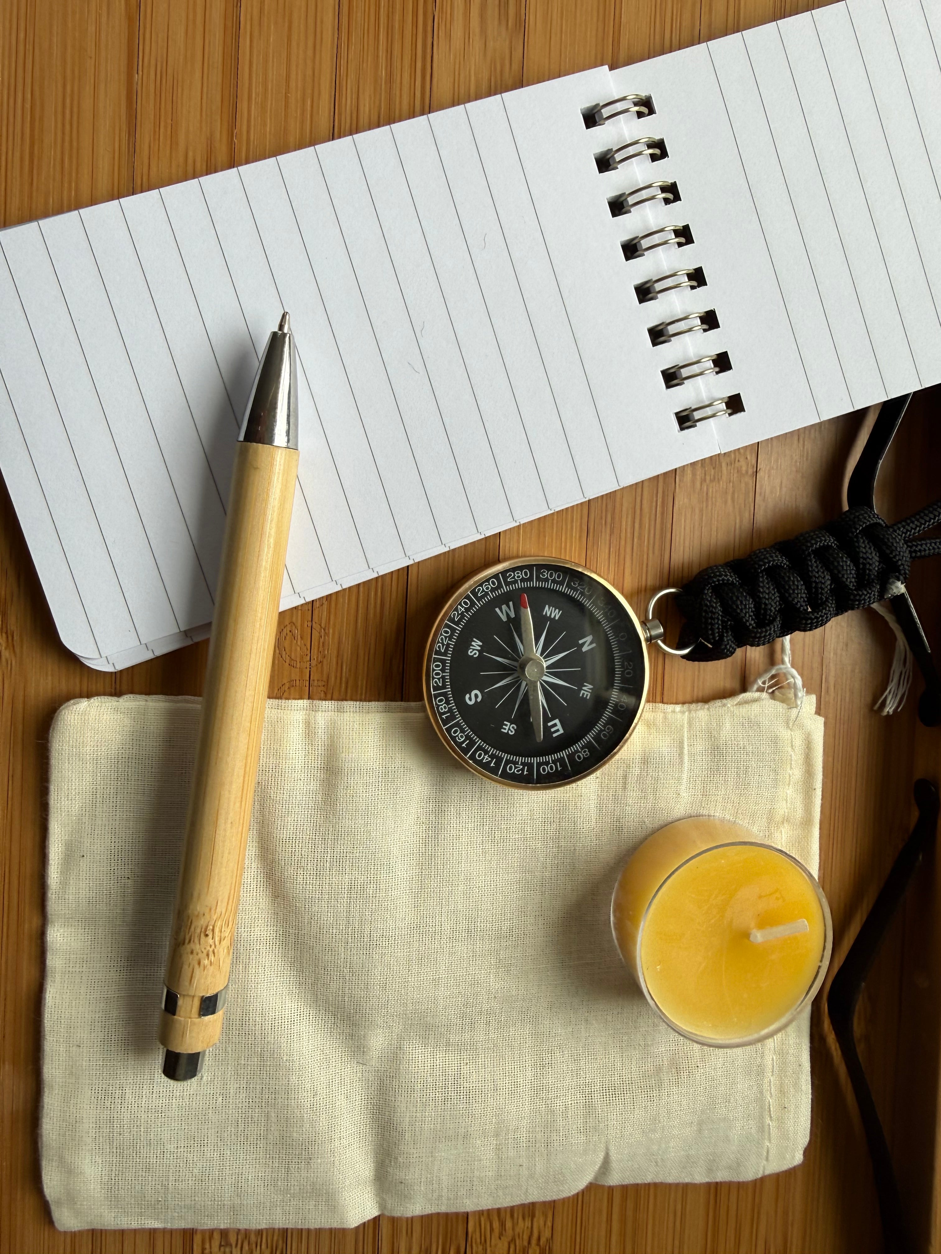 Traveler's Gift Bundle: Compass, Field Notes, Bamboo Pen, Beeswax Candle