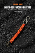 Orange paracord lanyard with metal clip on a dark textured background