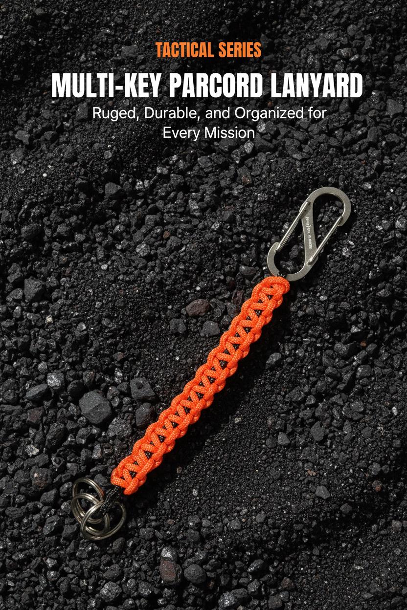 Orange paracord lanyard with metal clip on a dark textured background