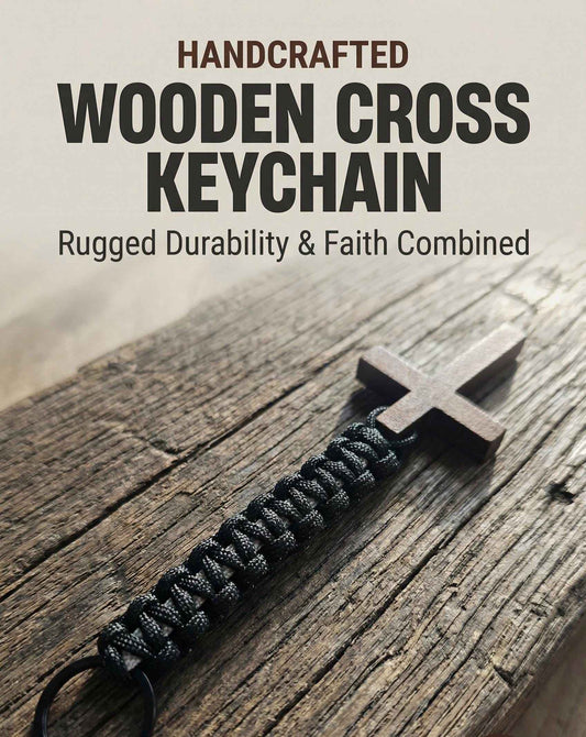 Men's Wooden Cross Two Tone Paracord Keychain |Military, Outdoors, Faith Accessories, Stocking Stuffers