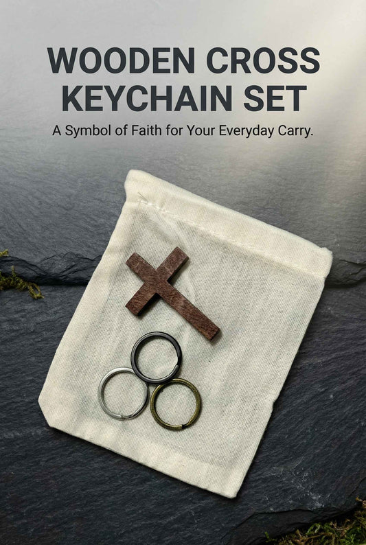 Keychain Pendant| Wooden Cross| 3 Ring Set| Silver, Bronze, Black| Cotton Bag| Gift| EDC|