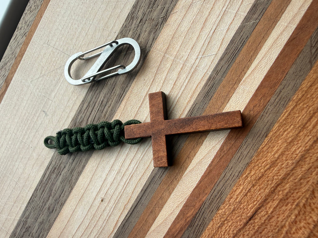 Men's Wooden Cross Short Paracord Keychain With Clip |Military, Outdoors, Faith Accessories, Stocking Stuffers