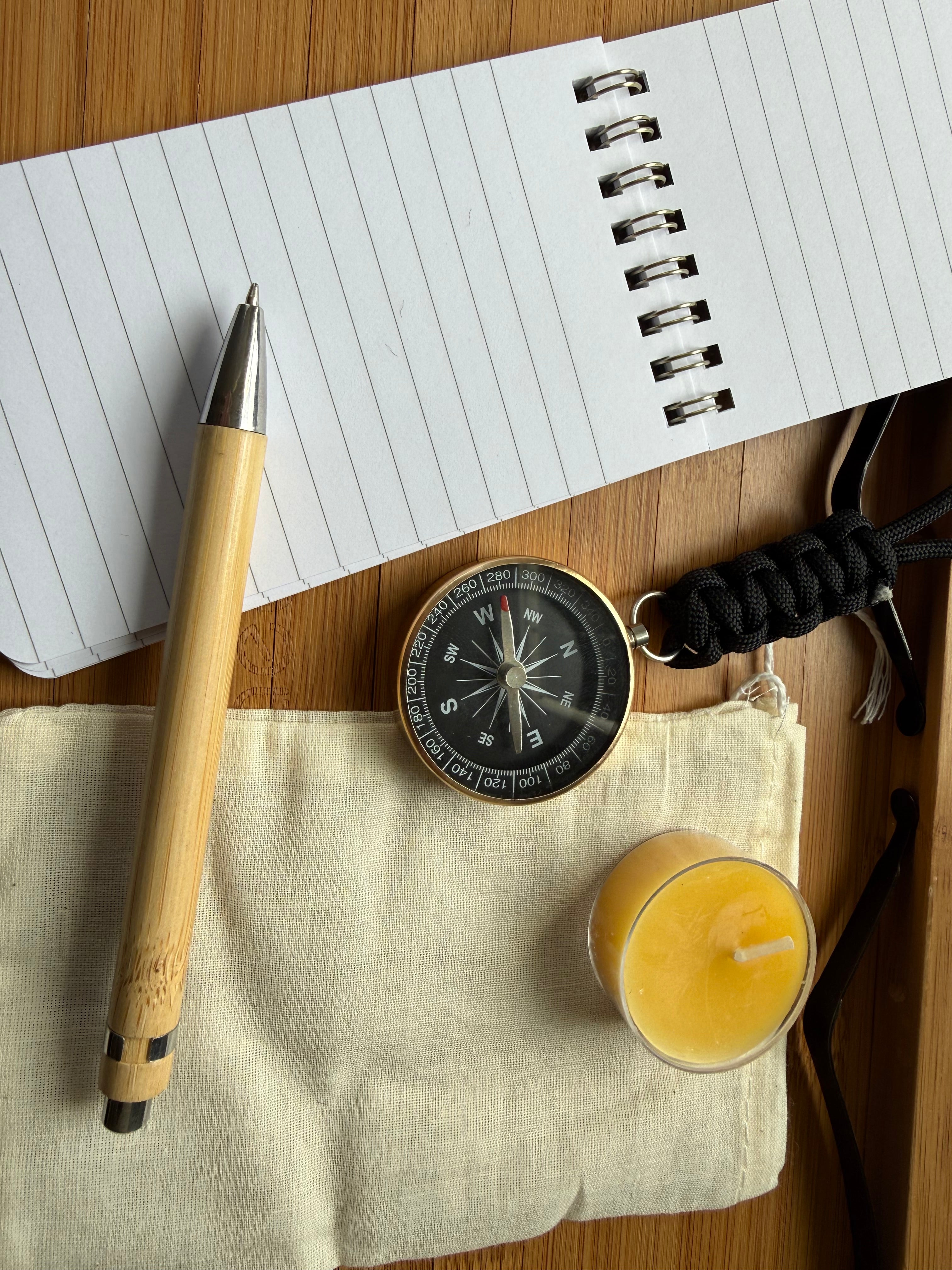 Traveler's Gift Bundle: Compass, Field Notes, Bamboo Pen, Beeswax Candle