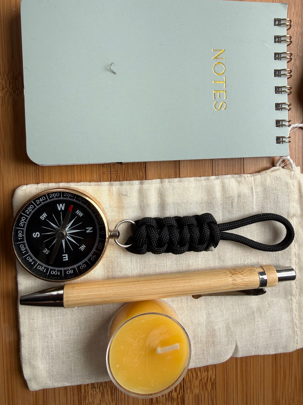 Traveler's Gift Bundle: Compass, Field Notes, Bamboo Pen, Beeswax Candle