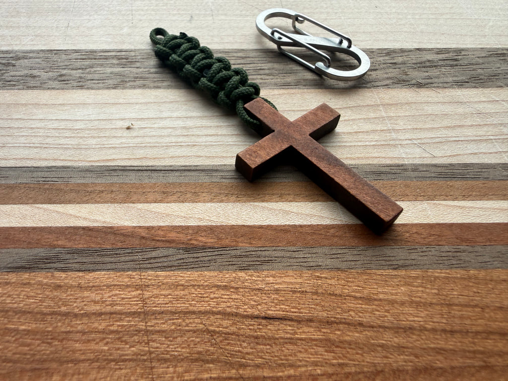 Men's Wooden Cross Short Paracord Keychain With Clip |Military, Outdoors, Faith Accessories, Stocking Stuffers