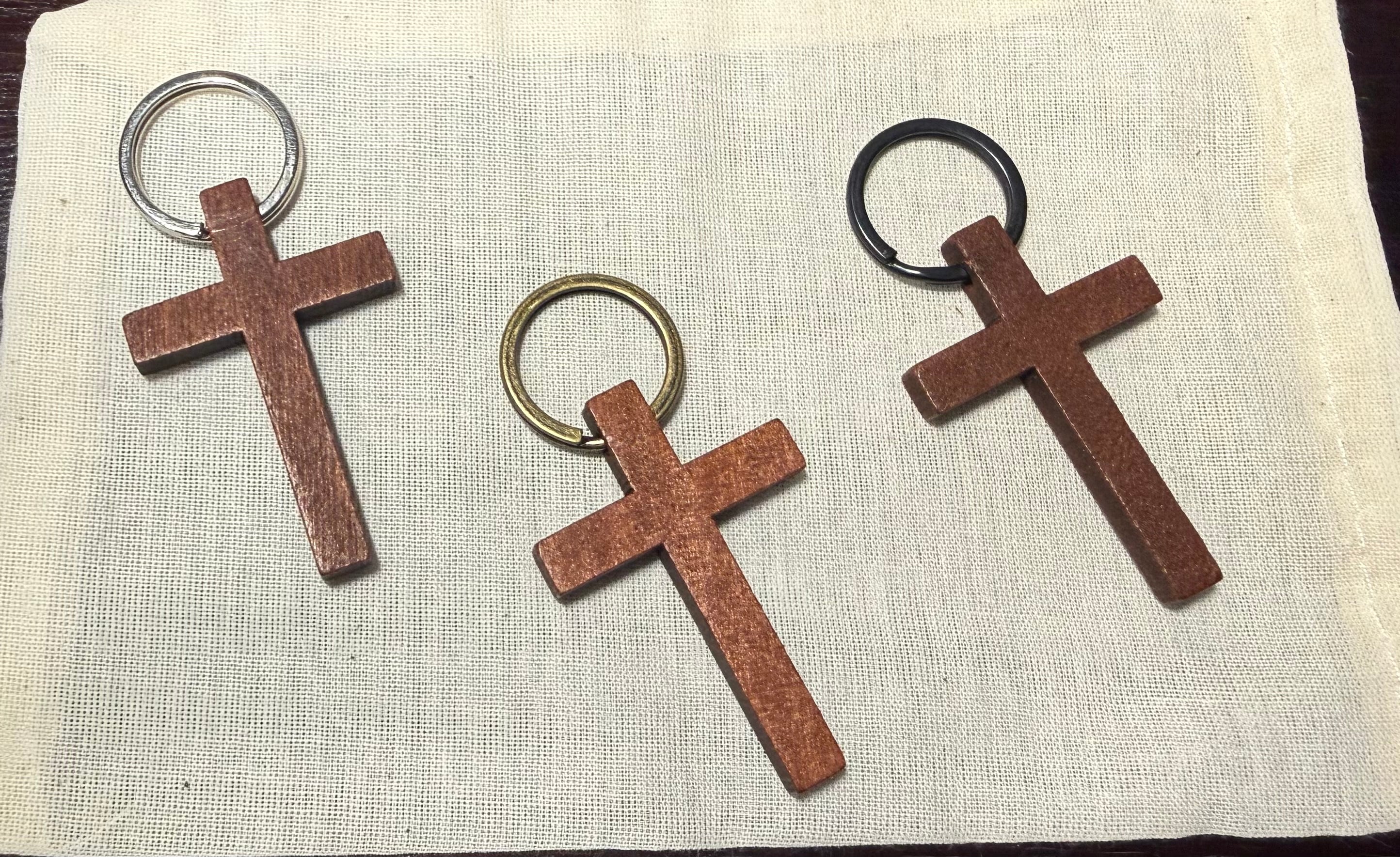 Keychain Pendant| Wooden Cross| 3 Ring Set| Silver, Bronze, Black| Cotton Bag| Gift| EDC|