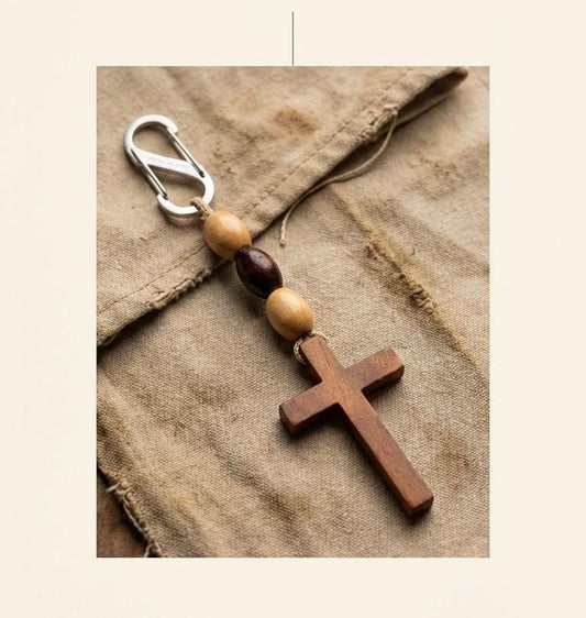 Wooden Beaded Cross Paracord Keychain |Outdoors, Faith Accessories, Durable, Stocking Stuffers