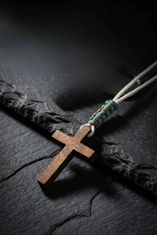 Men's Minimalist Wood Cross Necklace | Two Tone| White Paracord Adjustable Christian Jewelry