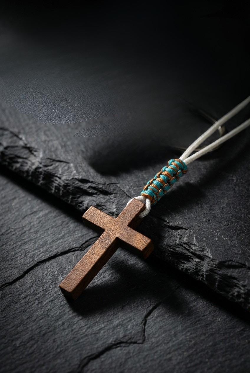 Men's Wood Cross Necklace | Minimalist Blue/Brown Waxed Cotton Paracord Christian Jewelry | Adjustable