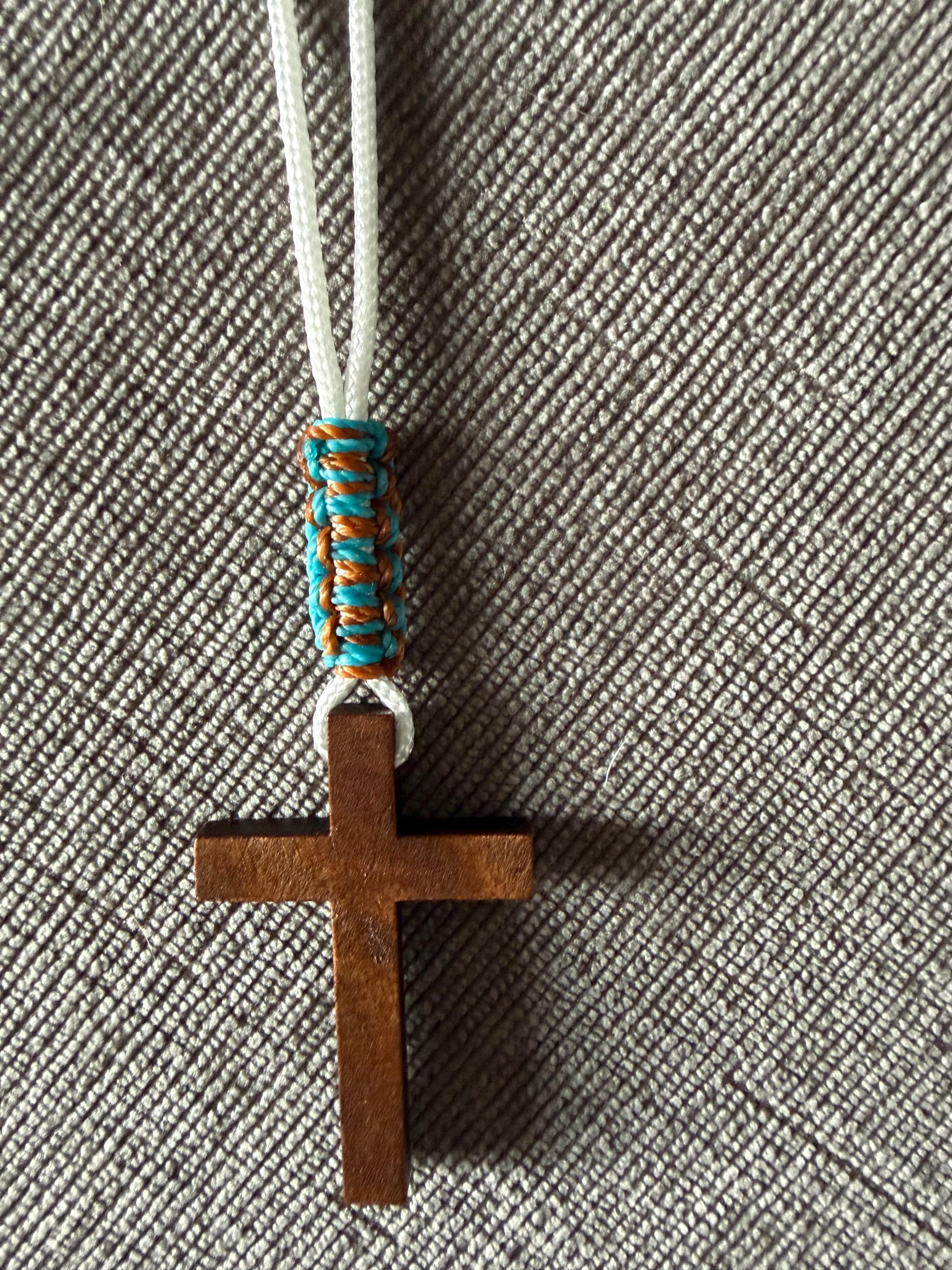 Men's Wood Cross Necklace | Minimalist Blue/Brown Waxed Cotton Paracord Christian Jewelry | Adjustable