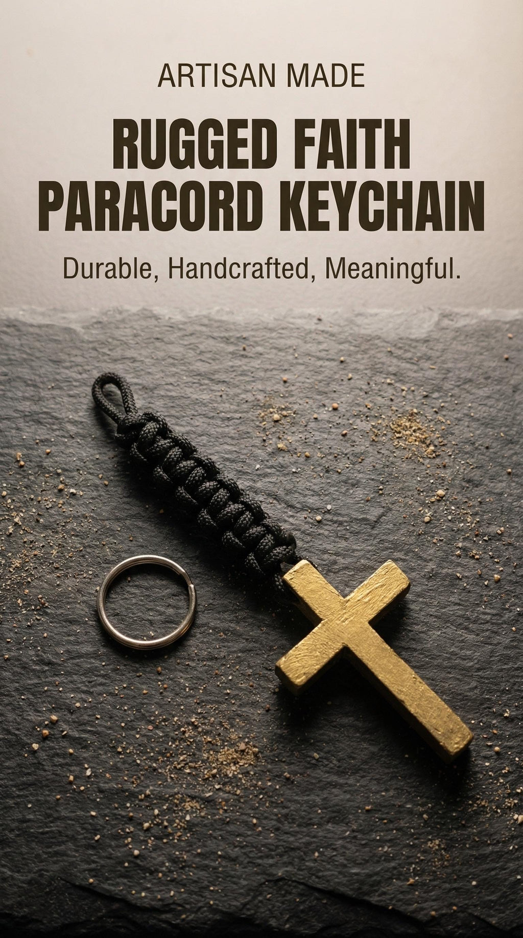Wooden Cross Pendant Keychain| Rustic Gold Finish|| Black Paracord
