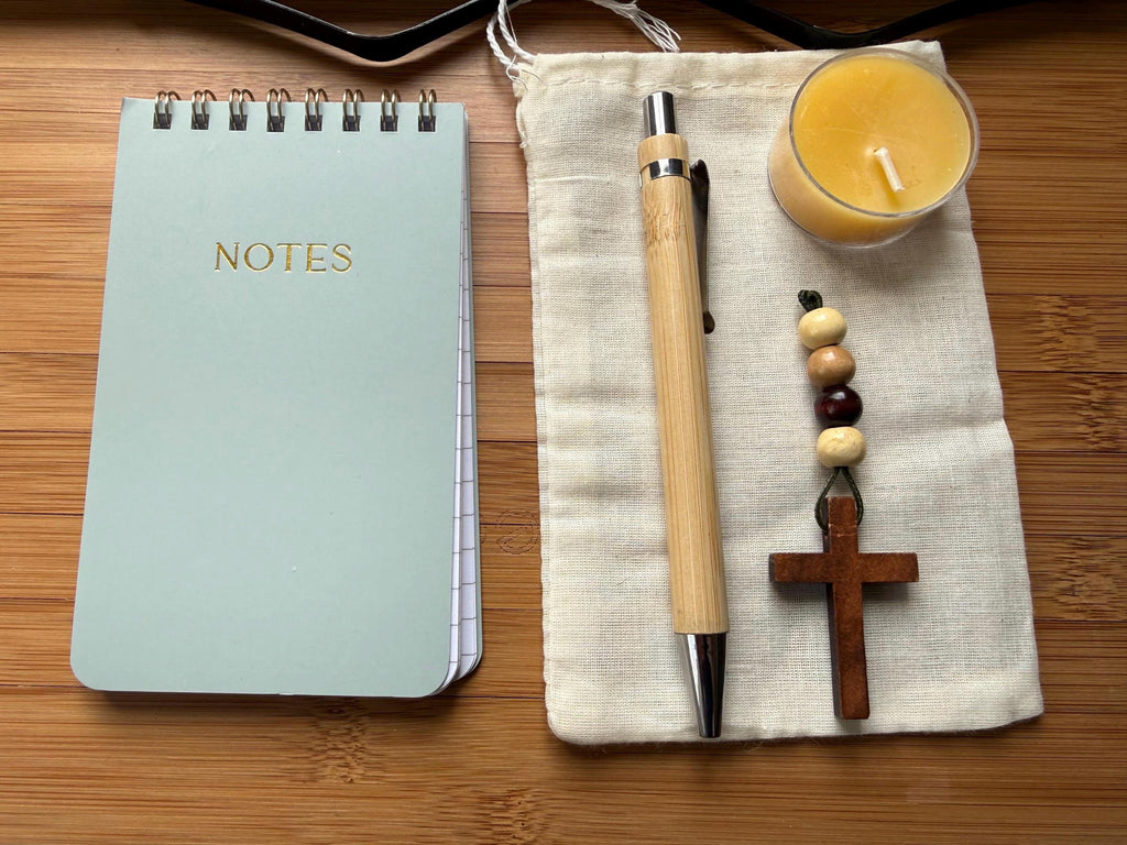 Prayer Travel Kit | Notepad, Bamboo Pen, Beeswax Candle, Cross Keychain,