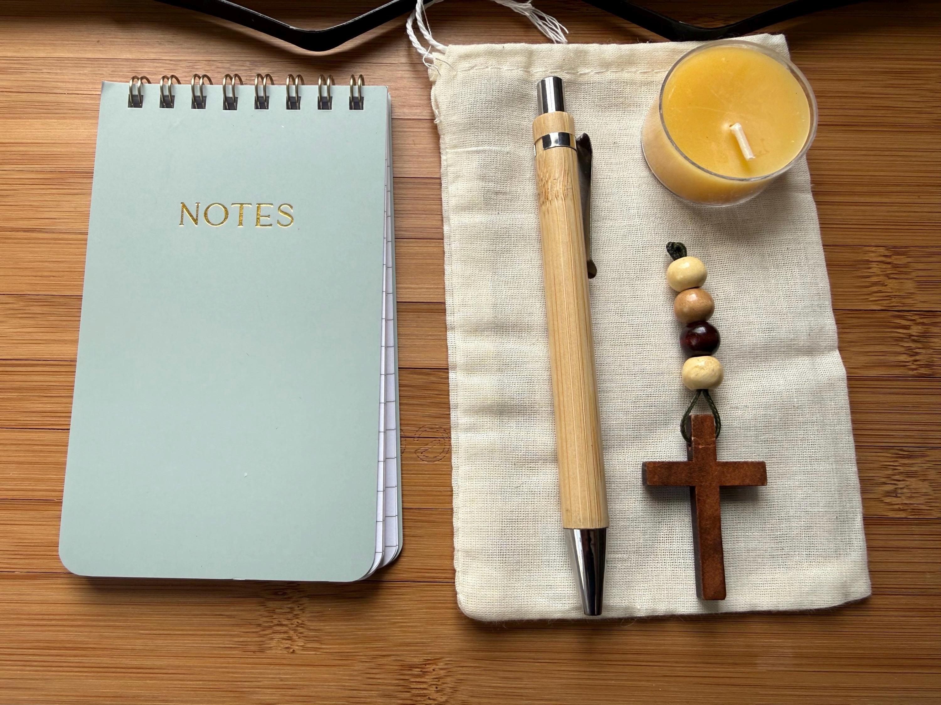 Prayer Travel Kit | Notepad, Bamboo Pen, Beeswax Candle, Cross Keychain,