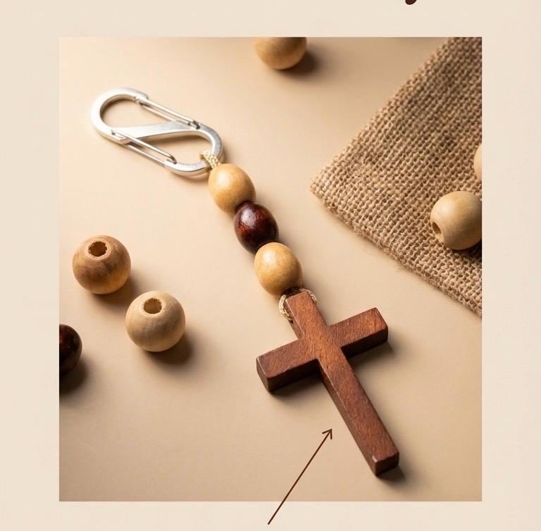 Scented Wooden Cross for  Car Mirror  + Rustic Faith Keychain,Christian Gift Set