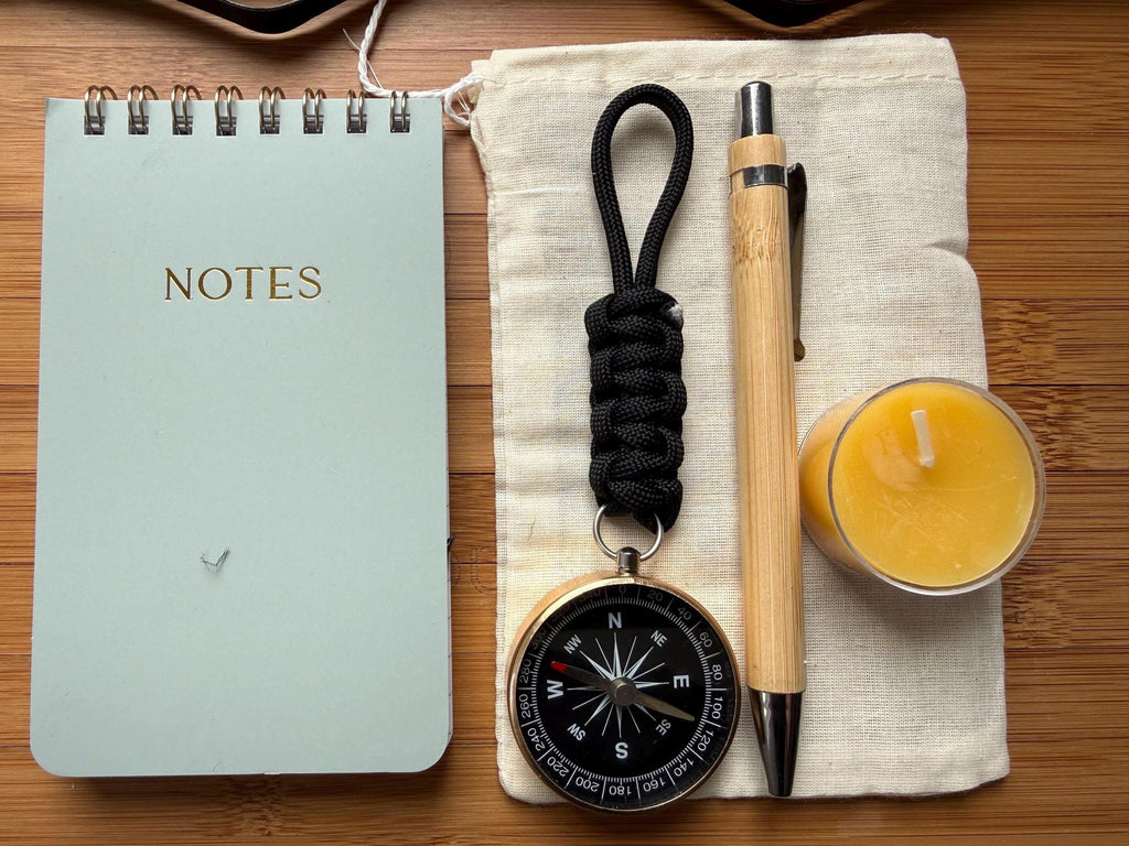 Pocket Field Notes Kit with Journal, Pen, Compass, Pouch for Travelers and Explorers