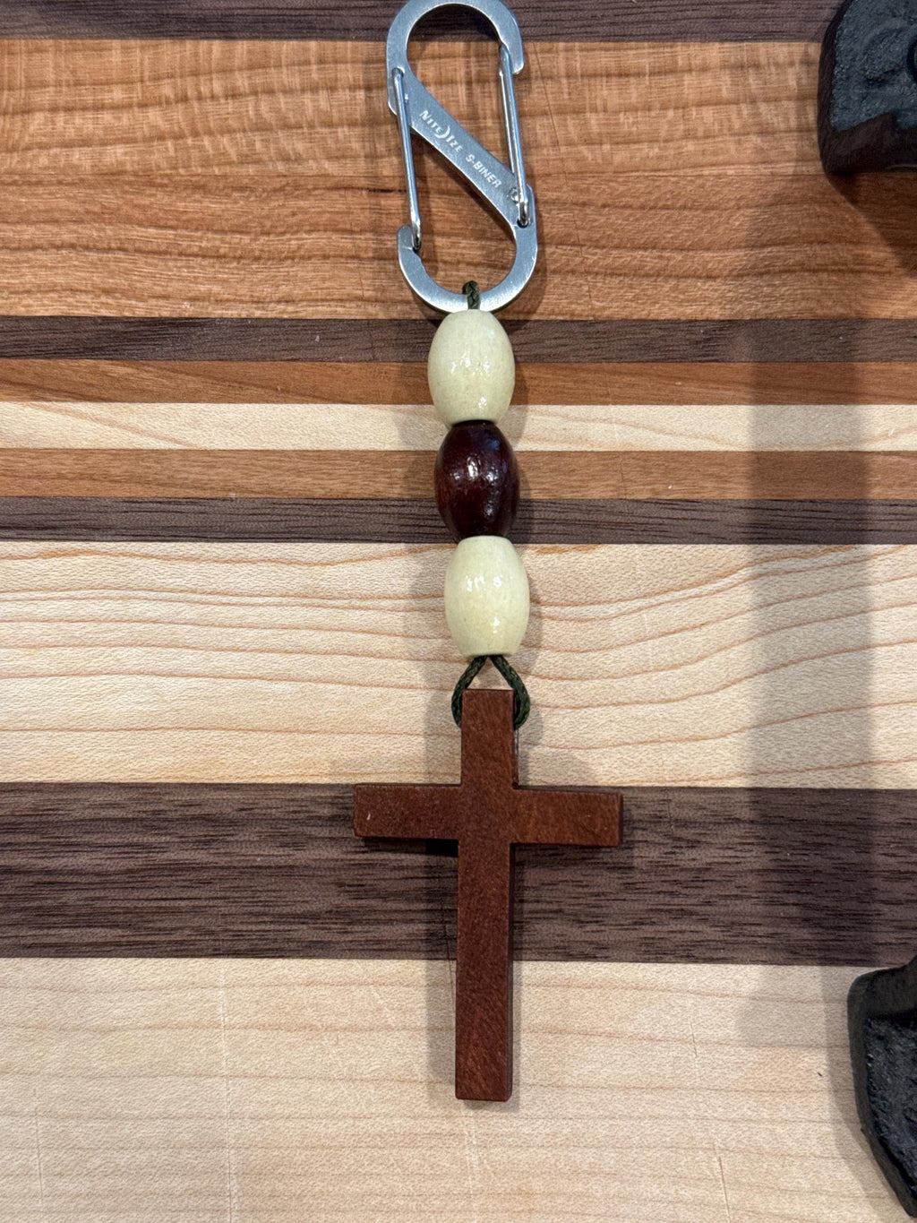 Wooden Beaded Cross Fob with Mini Carabiner |
