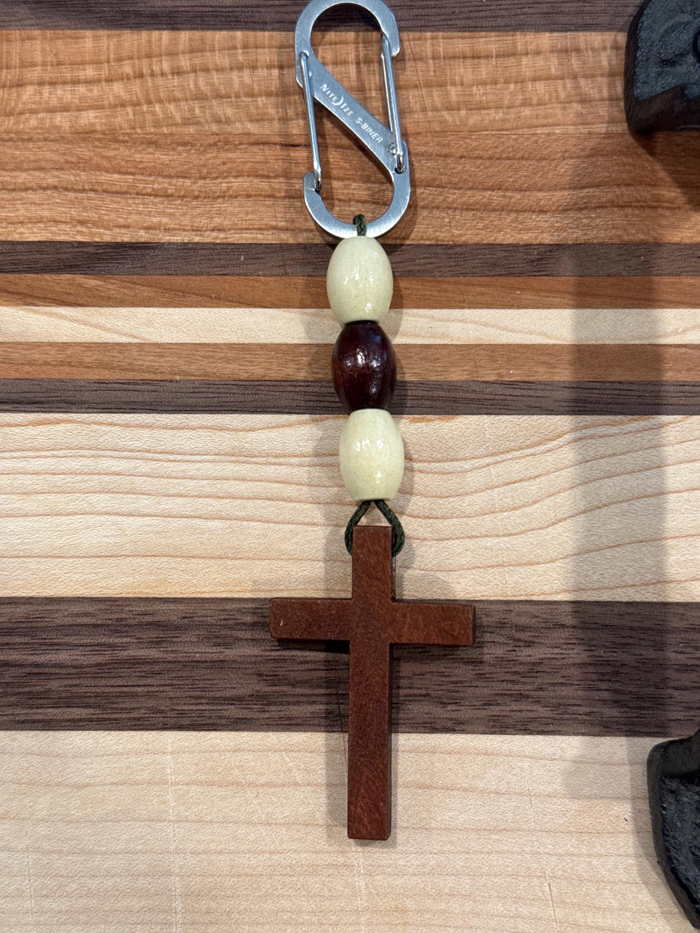 Wooden Beaded Cross Fob with Mini Carabiner |