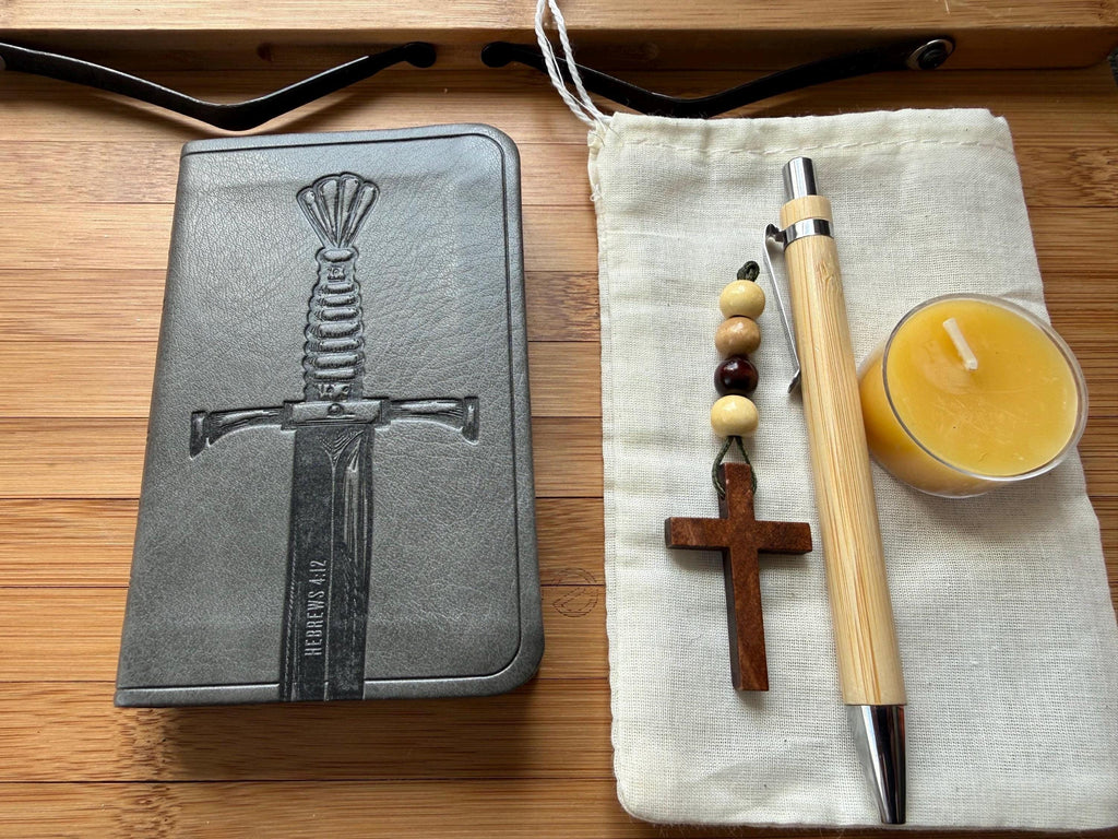 Prayer Travel Kit | Notepad, Bamboo Pen, Beeswax Candle, Cross Keychain,