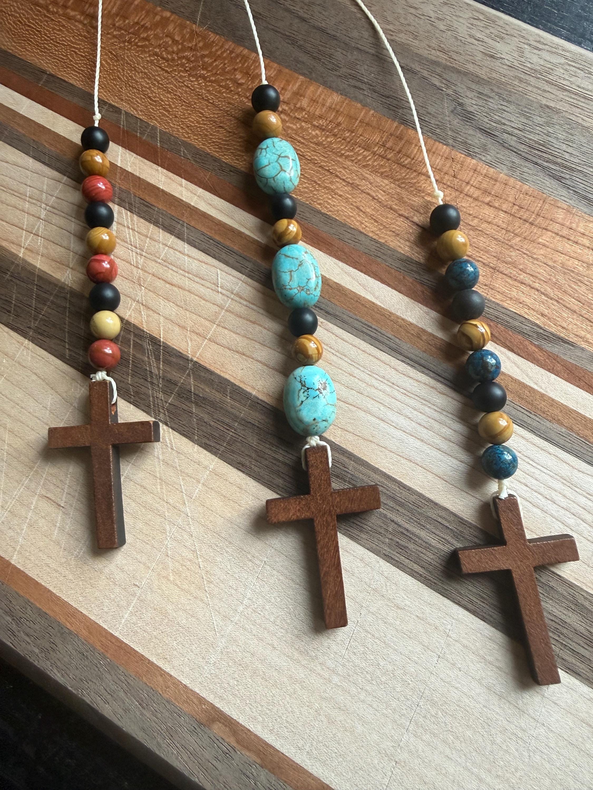 Wooden Car Cross Pendant for Rearview Mirror | Assorted| Self Tie|