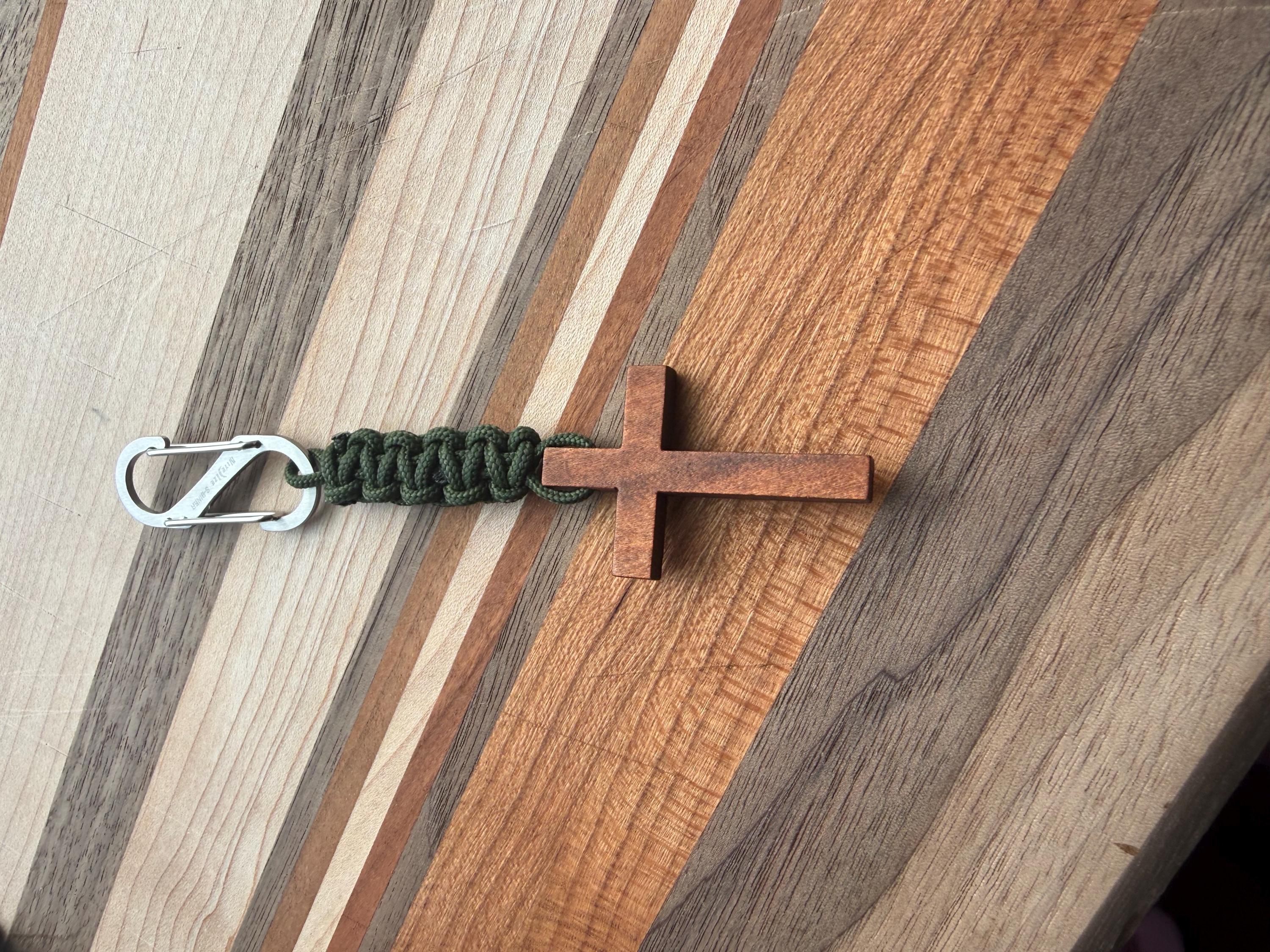 Wooden Paracord Cross Keychain | Faith, Military, Outdoors, Handcrafted Men’s Key Fob, Christian Gift