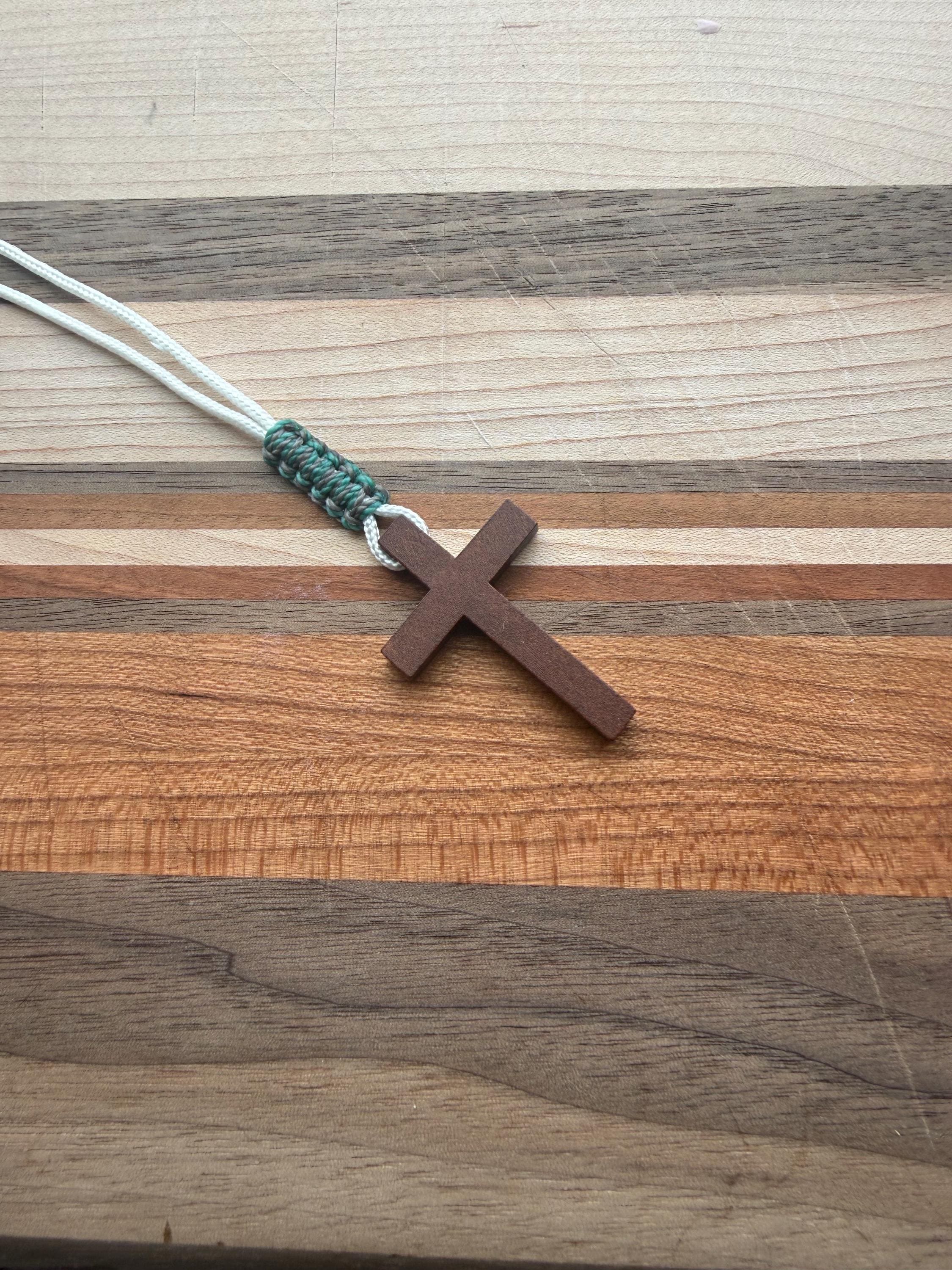 Wood Cross Paracord Necklace | Minimalist Christian Jewelry for Men | Adjustable Gray/Green Waxed Cotton