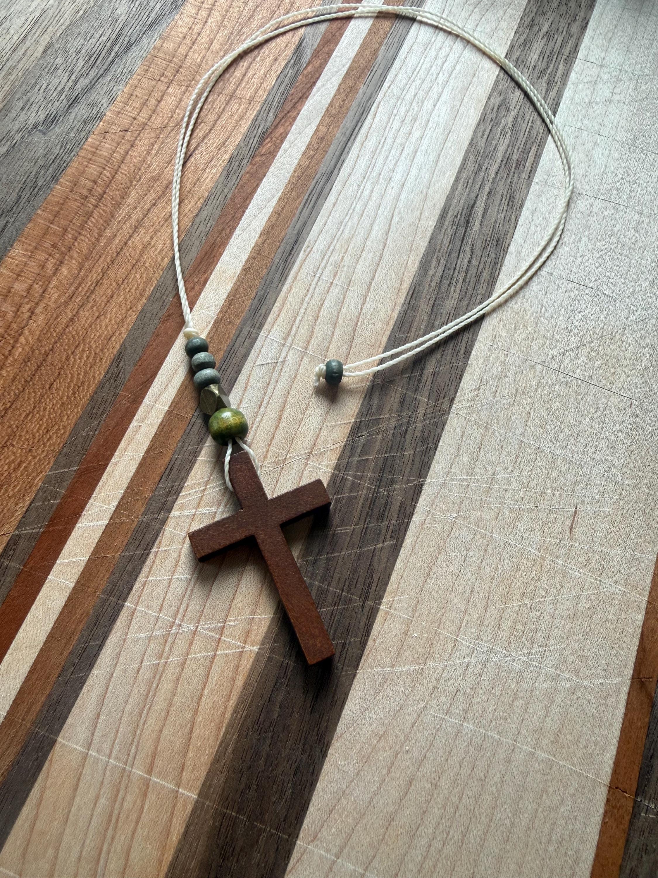 Wooden Cross Necklace, Custom Sizes, Thin Waxed Cotton Cord, Men's Christian Jewelry