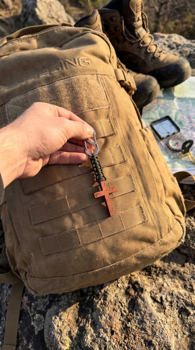 Rugged Faith Cross Keychain with Wooden Pendant, Paracord, Stainless Steel Clip, Custom Colors