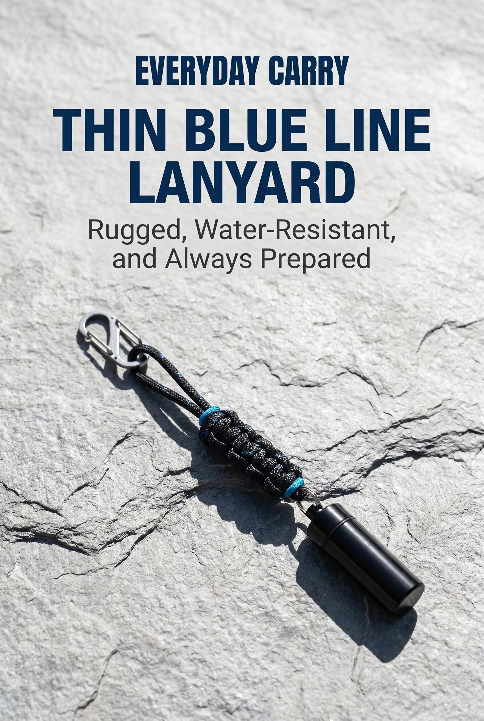 Thin Blue Line Pill Container Lanyard with Carabiner, Police, Military, EDC Keychain Gift