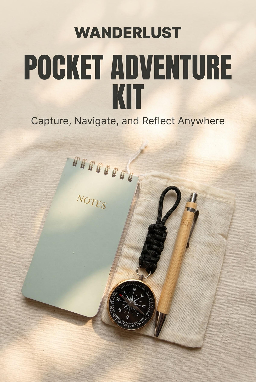 Pocket Field Notes Kit with Journal, Pen, Compass, Pouch for Travelers and Explorers