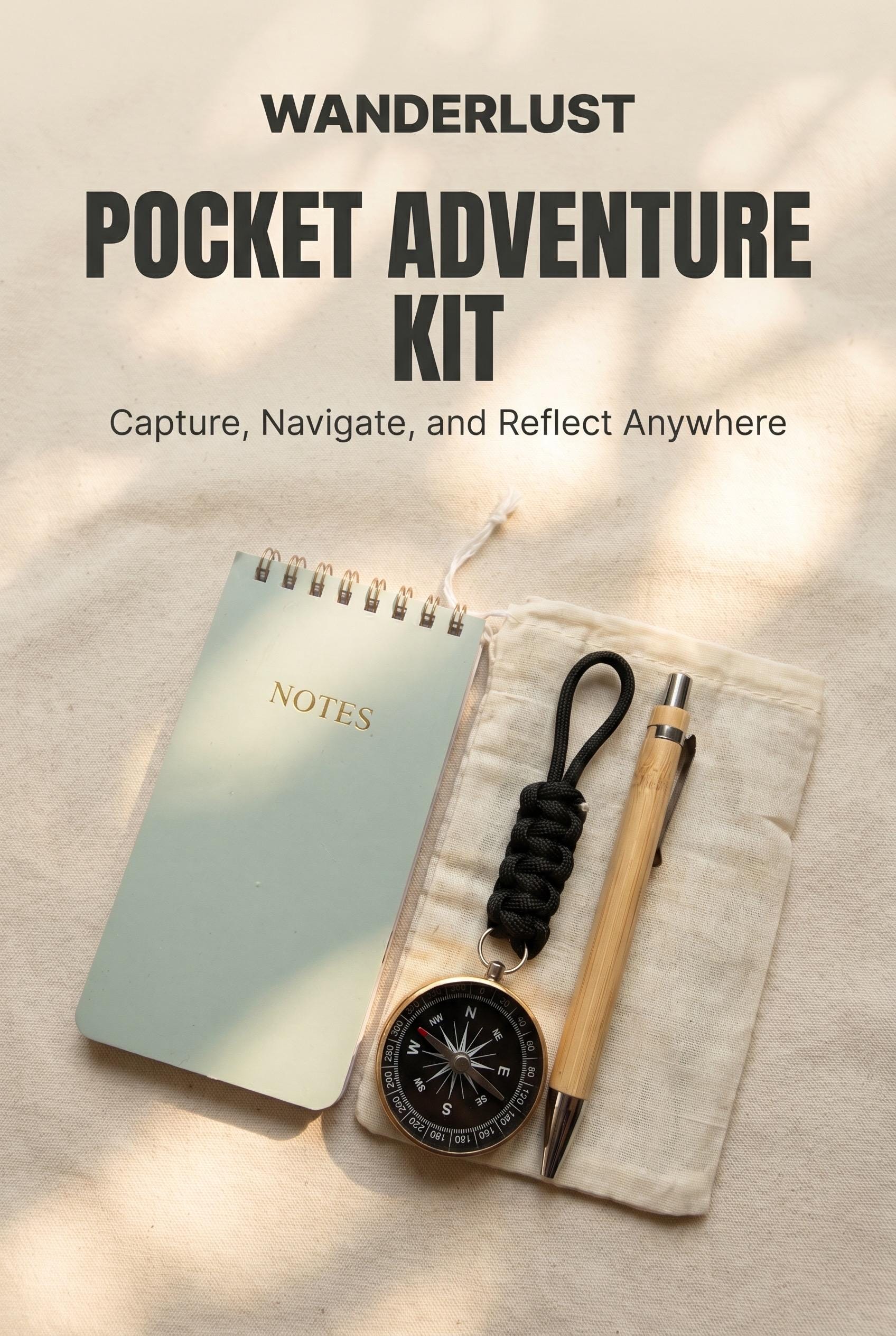 Pocket Field Notes Kit with Journal, Pen, Compass, Pouch for Travelers and Explorers