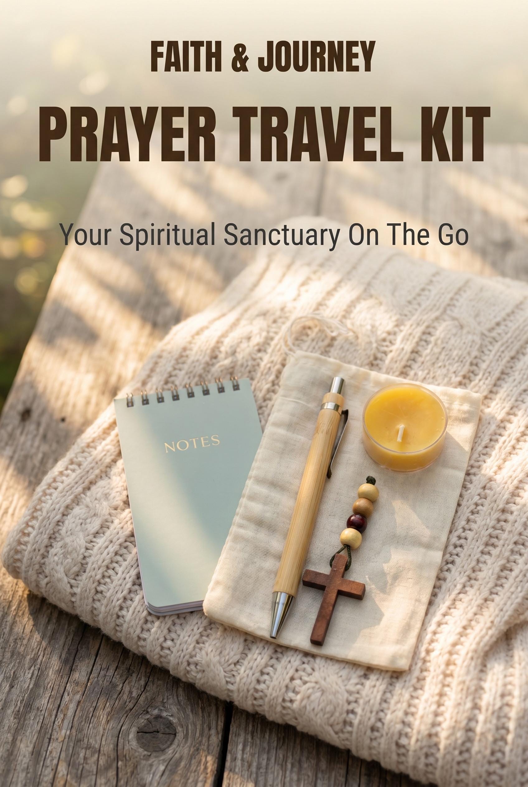 Prayer Travel Kit | Notepad, Bamboo Pen, Beeswax Candle, Cross Keychain,