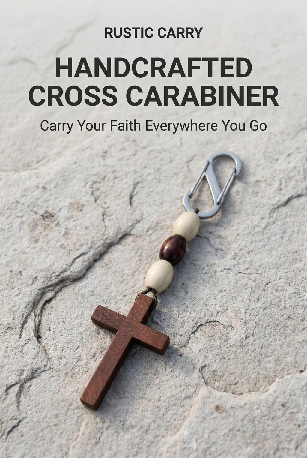 Wooden Beaded Cross Fob with Mini Carabiner |