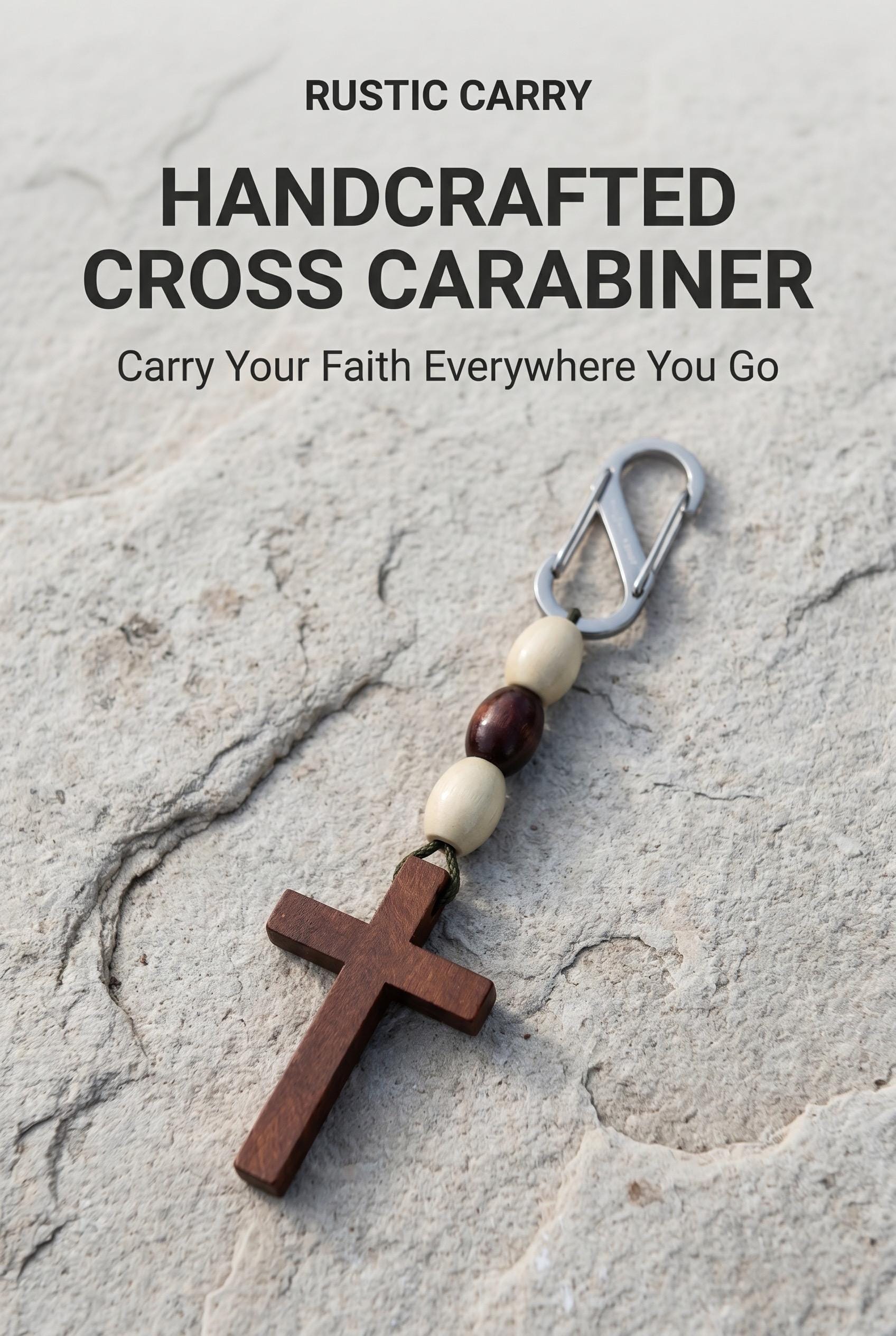 Wooden Beaded Cross Fob with Mini Carabiner |