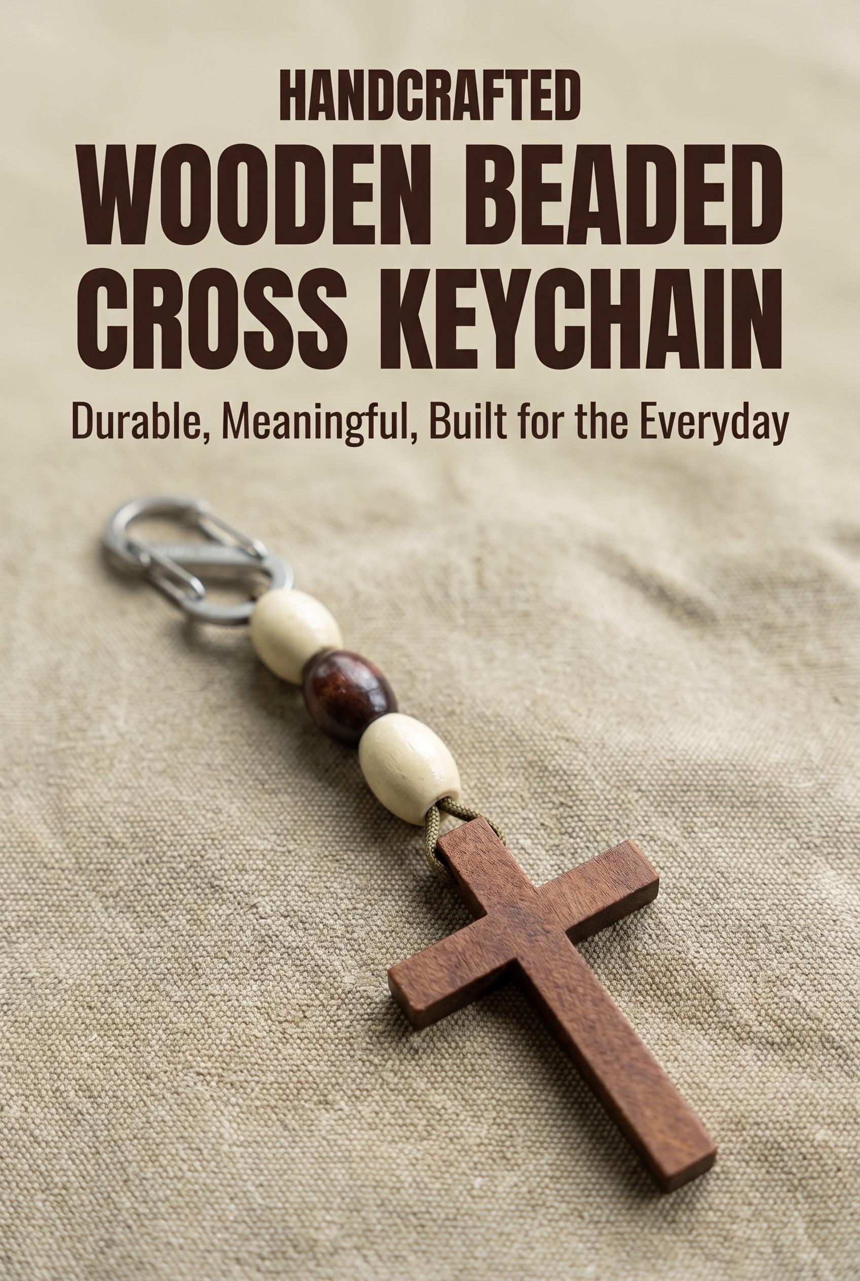 Wooden Beaded Cross Fob with Mini Carabiner |