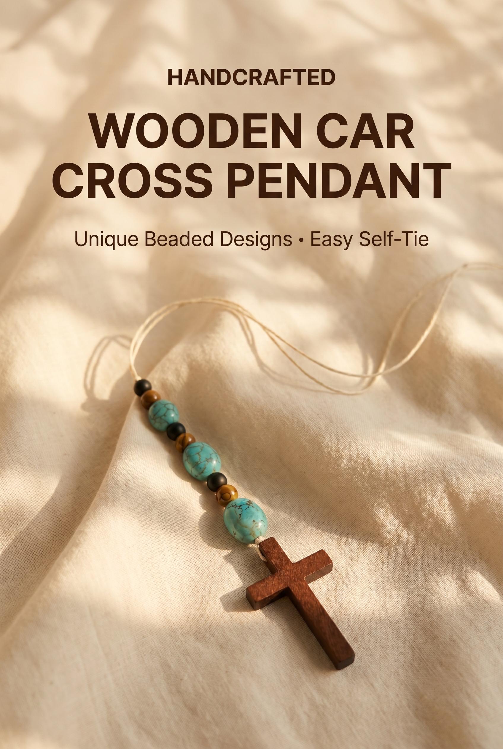 Wooden Car Cross Pendant for Rearview Mirror | Assorted| Self Tie|
