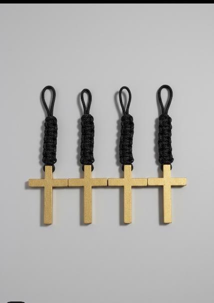 Wooden Cross Pendant Keychain| Rustic Gold Finish|| Black Paracord