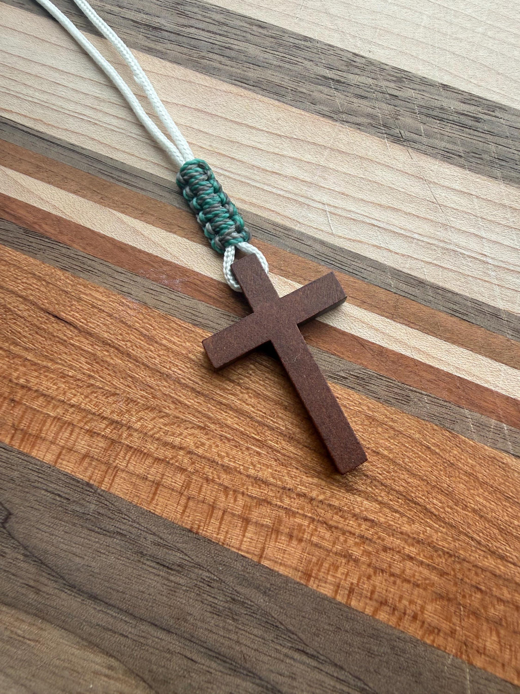 Wood Cross Paracord Necklace | Minimalist Christian Jewelry for Men | Adjustable Gray/Green Waxed Cotton