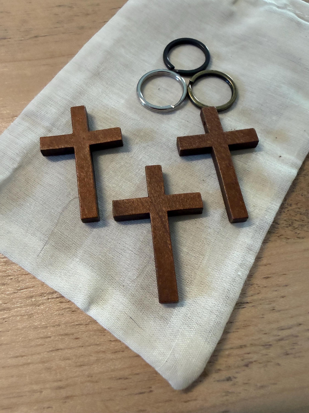 Wooden Cross Pendant Keychain Set with Metal Rings | Minimalist Christian Gift for Men, Dads,